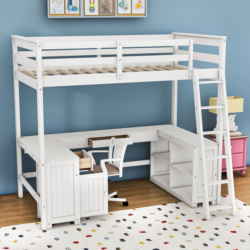 Lit mezzanine multifonctionnel en bois avec bureau intégré, tablettes et tiroirs, Double, Blanc