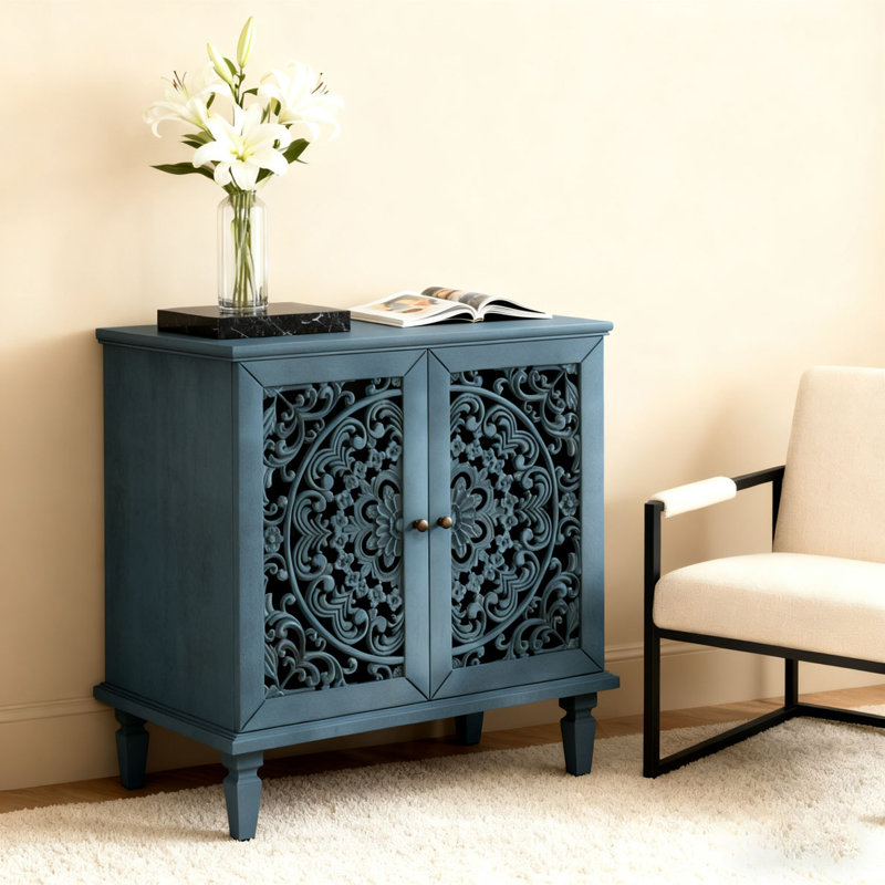Armoire décorative, rangement à 2 portes, tablette réglable et pieds en bois massif, Bleu antique