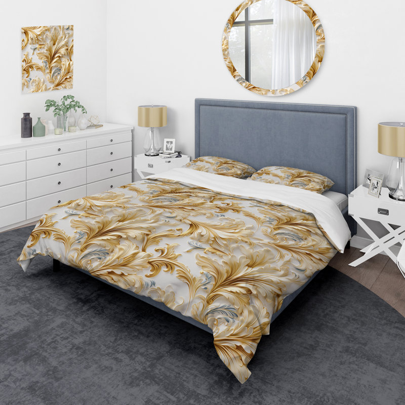 Ensemble de housse de couette dorée et blanche, Housse de couette pour grand lit et 2 taies décor