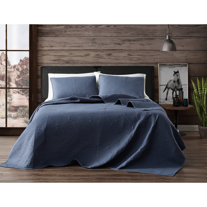 Navy Blue Cotton Geometric Full Quilt Set
