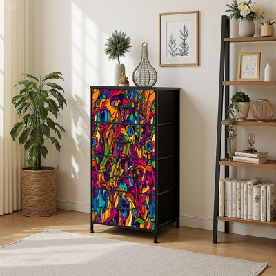 Commode à 4 tiroirs avec rangement vertical et art psychédélique hippie des années 60 avec plateau en bois Tiroirs en tissu