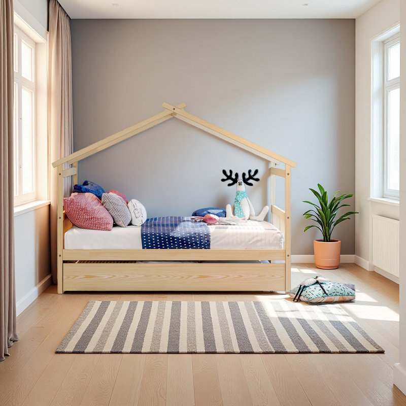 Wooden House Bed With Trundle, Natural, Full
