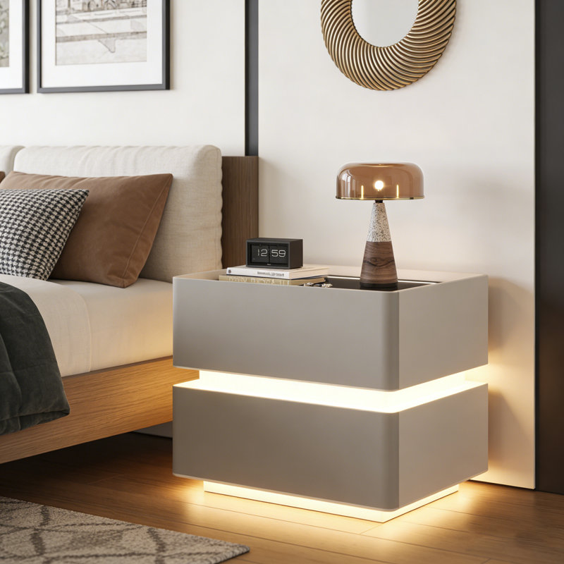 Modern Smart 2 - Drawer Nightstand With Wireless Charging, 3-color Led Lights Light Gray Solid Wood Bedside Table
