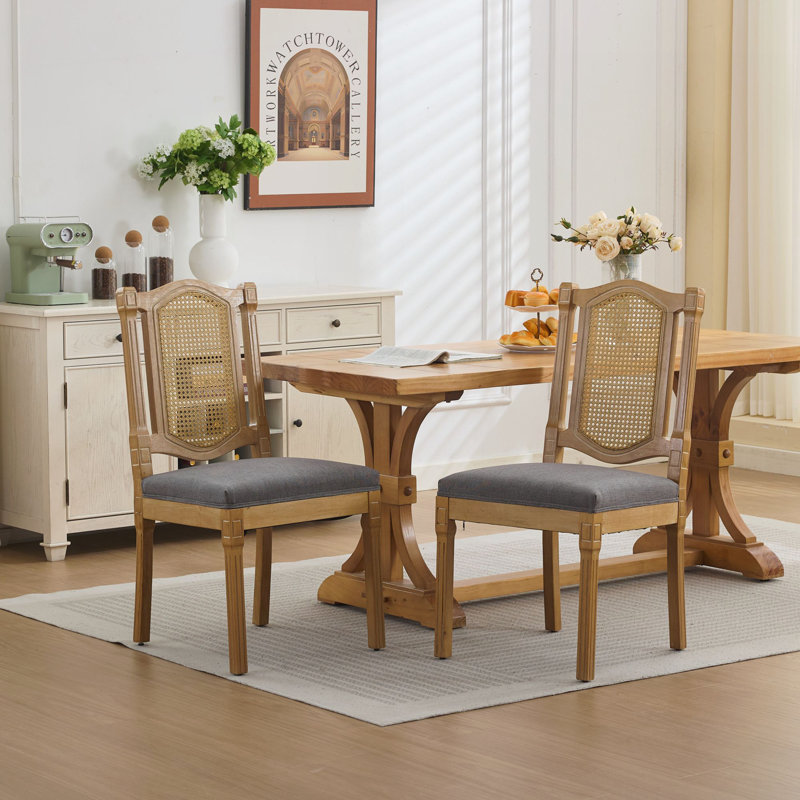 Solid Wood Rattan-Back Dining Chair, Gray