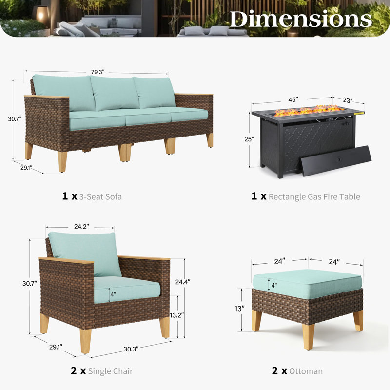Ensemble de conversation d'extérieur en osier pour 7 personnes avec table de foyer Phenice, Bleu