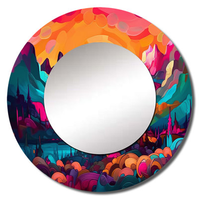 Peytan Vibrant Sunset Shining Over Mountains III - Mountains Decorative Mirror, Orange Wall Mirror, Printed Metal Art