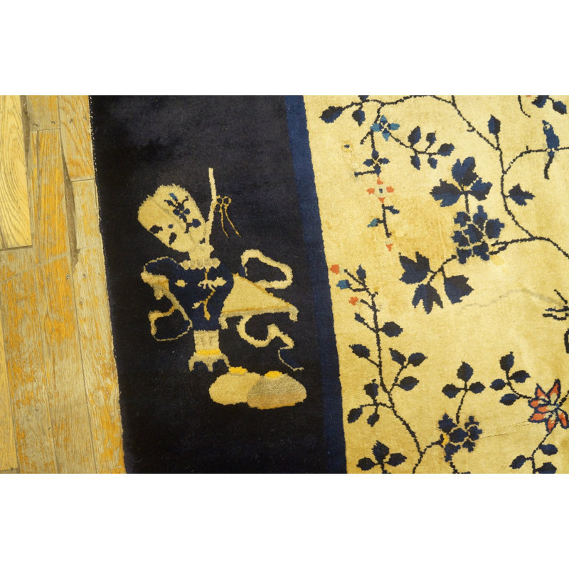 Antique Peking Chinese Floral Black, Ivory Beige Cream White 1920s Rug