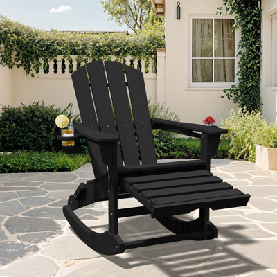 Outdoor HDPE Folding and Rocking Adirondack Chair With Double Cup Holder and Ottoam 