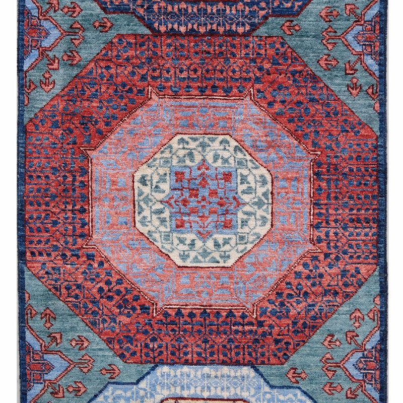 Tapis bleu marine noué à la main, Tapis de couloir 2 pi 6 po x 19 pi 10 po
