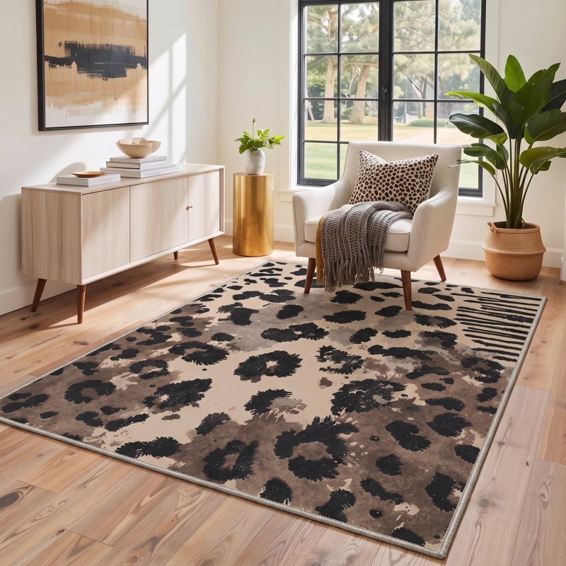Tapis brun clair / noir à imprimé animal lavable à la machine avec envers antidérapant, Rectangle 120 po x 96 po
