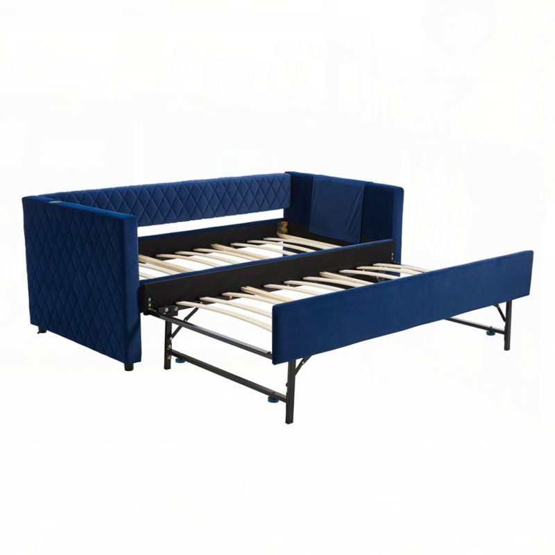 Stylish Velvet Daybed with Sturdy Wooden Frame, Modern Diamond Grid Design for Bedroom and Living Room, Navy