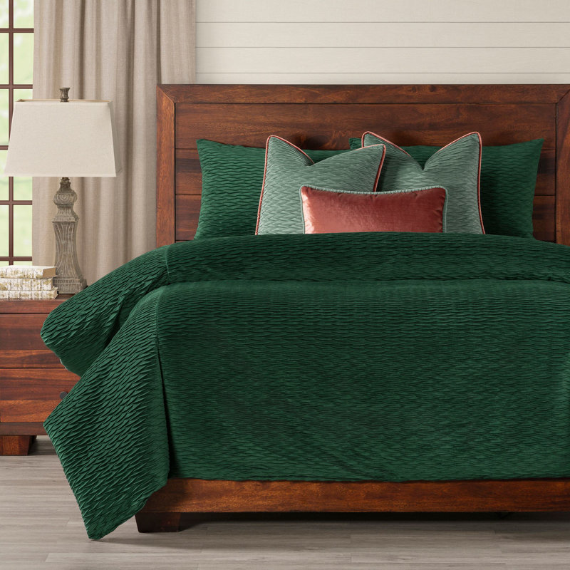 Pleated Velvet Emerald Green Duvet Cover & Insert Set, Full Duvet Cover + 2 Shams + 3 Pillows