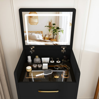3 in 1 Vanity Desk with open Top Mirror,Small Make Up Vanity Set with Visible Glass Desktop,Compact Makeup Vanity with 3 Drawers,Dressing Table for Bedroom (black)