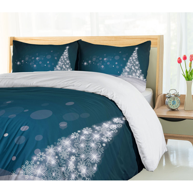 Queen Dark Blue and White Christmas Duvet Cover Set