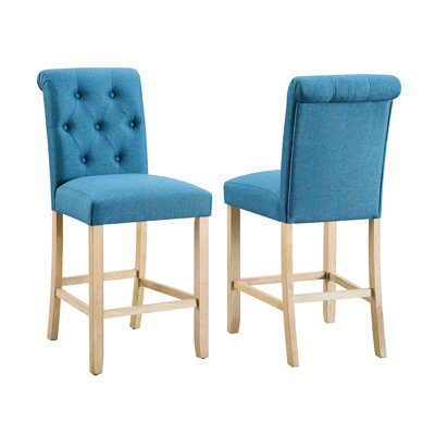 Of 2 Counter Height Stools, , Blue - Back & Padded Seat Kitchen Dining Area Furnishings Wood Frame Fabric Cover Stools (2), Seat, Padded, Solid Frame, Use, 18.5"w X 25.5"d 42.5"h