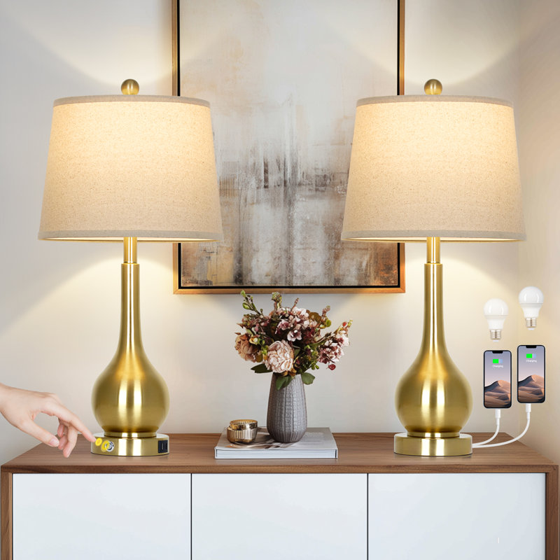 26" Bedside Table Lamp with 3-Way Touch Control, USB-A & USB-C Charging Ports and LED Bulbs Included, Gold
