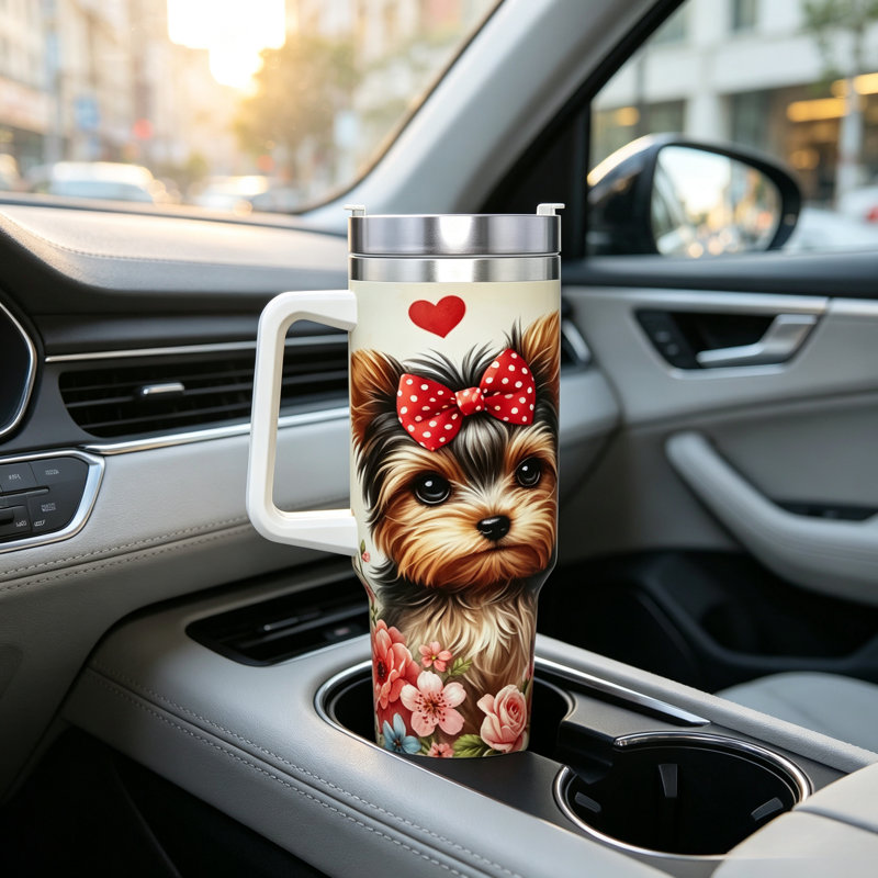 Mignon Yorkshire Terrier, tasse à eau isolée à imprimé floral, rouleau à poignée en acier inoxydable 304, tasse à café rouge