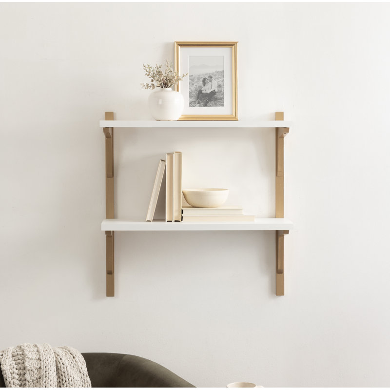 Baez 2 Piece Poplar Tiered Shelf, White/Gold