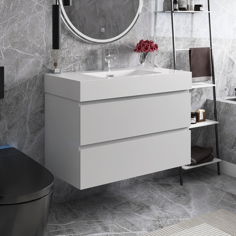 36 po Meuble-lavabo mural simple avec plateau en résine blanc