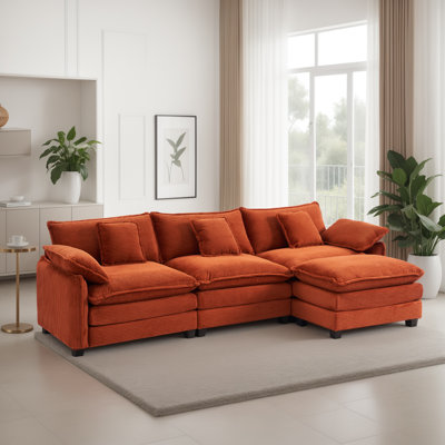 Modular Sectional Sofa, Comfy Cloud Couch With Movable Ottoman, 3-Seat Corduroy Sofa Sleeper With Double Cushions, Deep Seat Sofa With 5 Pillows For L by Latitude Run