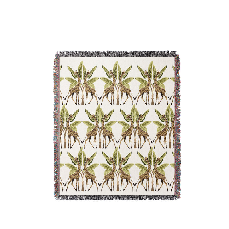 Jeté en mélange de coton Kossy Giraffe, L 70 po x l 50 po, Brun / vert / blanc cassé