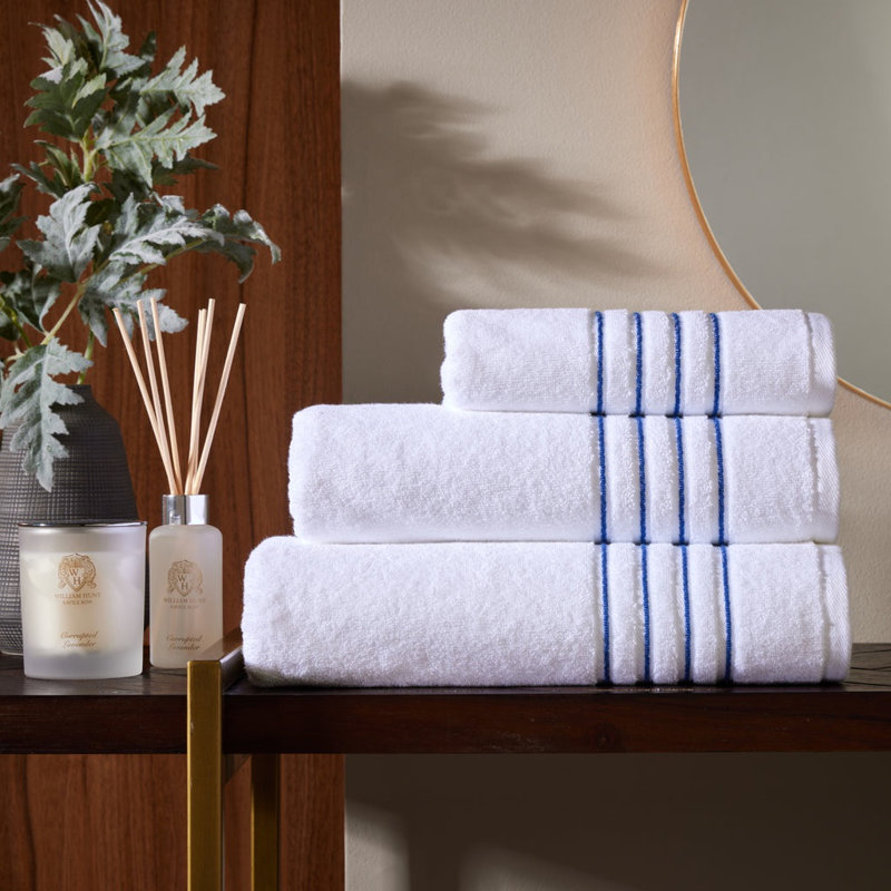 100% Cotton Bath Sheet with Four Row Cord Embroidery, White/Navy
