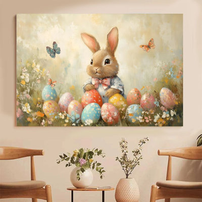 Plat en 2 dimensions, toile murale encadrée de 1 pièce, lapin de Pâques, œufs colorés et papillons, peinture à l'huile, impression sur toile de style réaliste