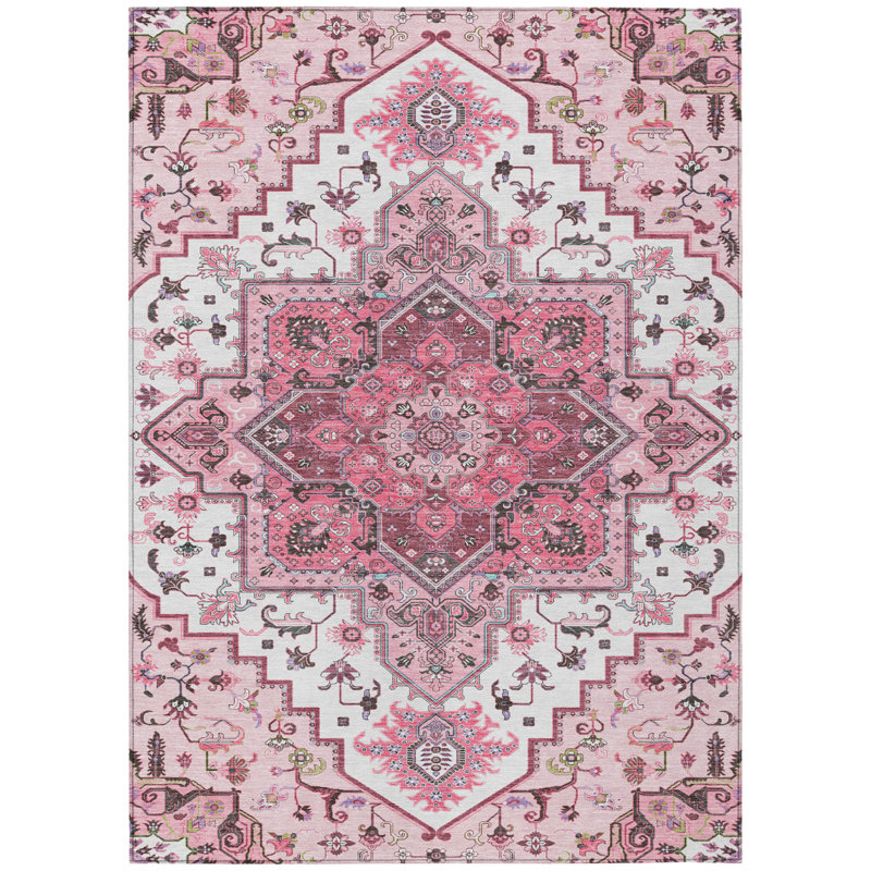 Tapis d'intérieur lavable 10 pi x 14 pi rose ivoire et gris oriental