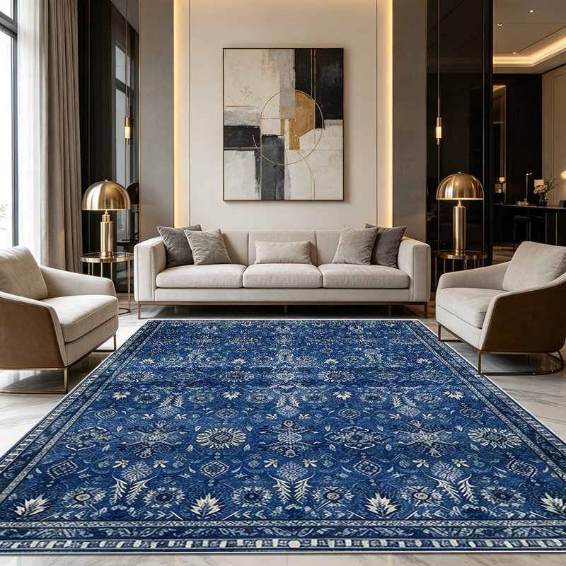 1PC Vintage Distressed Navy Blue Bohemian Floral Medallion area rugs for Living Room, Soft, All seasons, Easy-maintain, Washable Indoor mat, Farmhouse suitable for for dining room, bedroom, kitchen entryway...