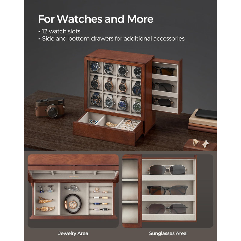 12-Slot Wooden Watch Box with Window, Coffee Brown