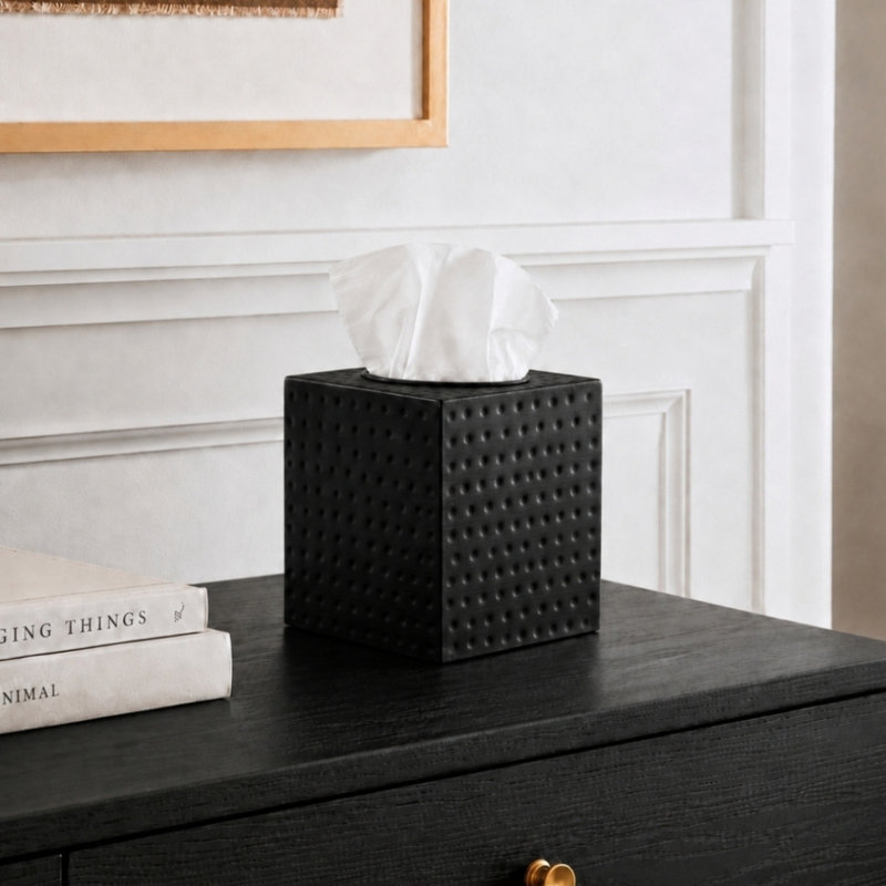 Hand Hammered Metal Tissue Box Cover, Matte Black