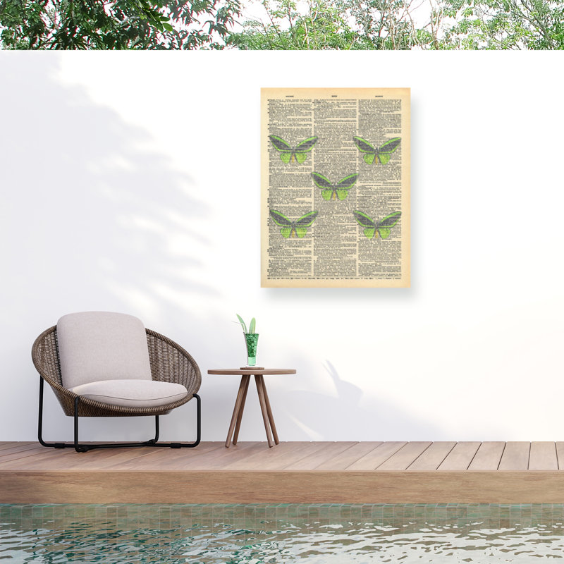 Marcus Jules, toile de fond verte avec papillons verts, H 14 po x l 19 po