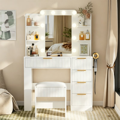 Vanity Table with LED Lighted Mirror & Charging Station, Vanity Desk Set with Cushioned Stool, Storage Drawers & Transparent Tabletop, Makeup Vanity Bedroom