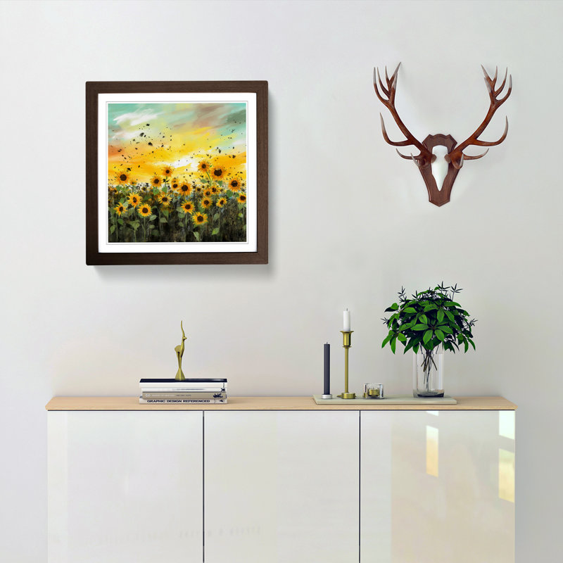 Sunflower Field Splatter Art - Framed Print, Walnut