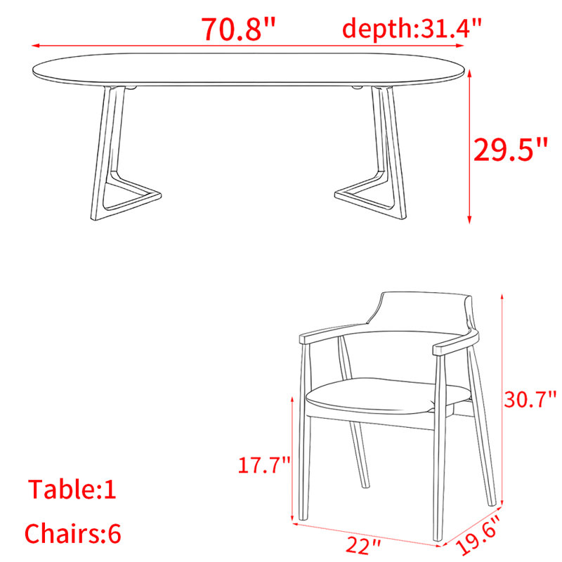 Nordic style oval full solid wood dining table set, 6, 29.5”H x 70.8”L x 31.4”W