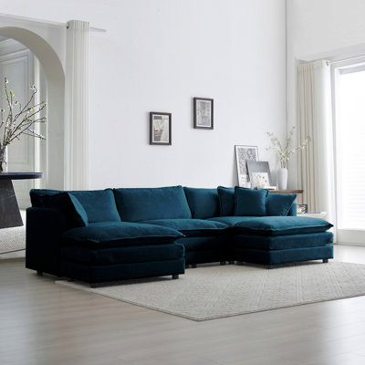 Canapé modulaire en U avec repose-pieds réversible, canapé d'angle convertible 5 places avec 2 repose-pieds, canapé doux et minimaliste moderne pour le salon, chenille bleue