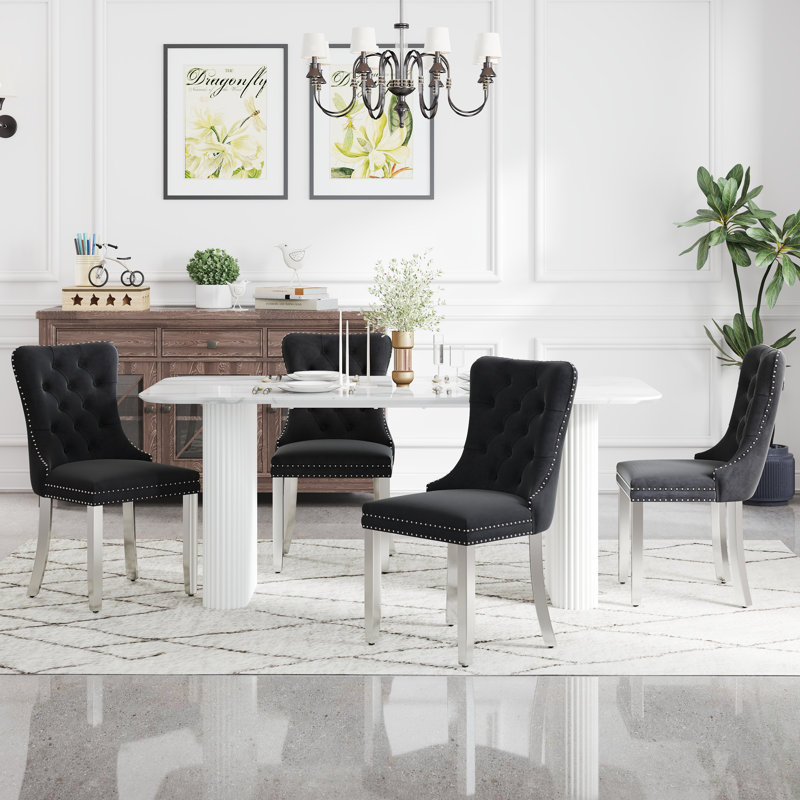 Ensemble de salle à manger rectangulaire en bois avec chaise capitonnée, 5, Noir