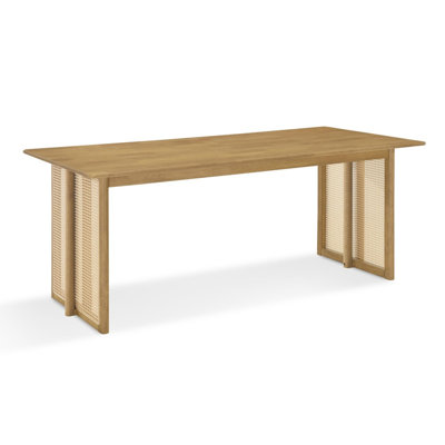 70.87" Natural Rubber Wood Dining Table with Rattan Detailing, Heavy Duty Indoor Kitchen Table Supports Up to 800 Lbs