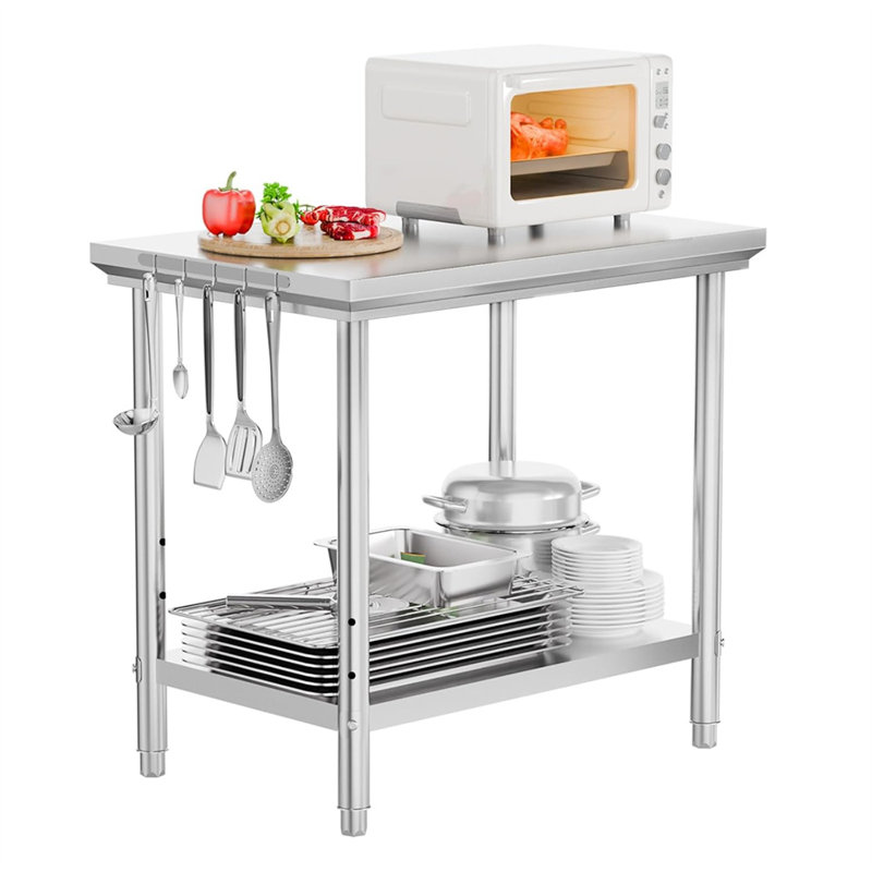 Table de préparation de cuisine 36 po x 24 po en acier inoxydable argenté avec crochets et tablette réglable
