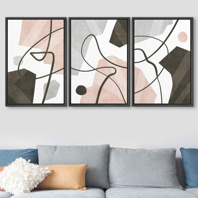 Modern Abstract Geometric " Pastel Pink Grey Geometric Line Collage Shape Abstract Illustration Modern Decor Multicolor Chic " 3 - Pieces