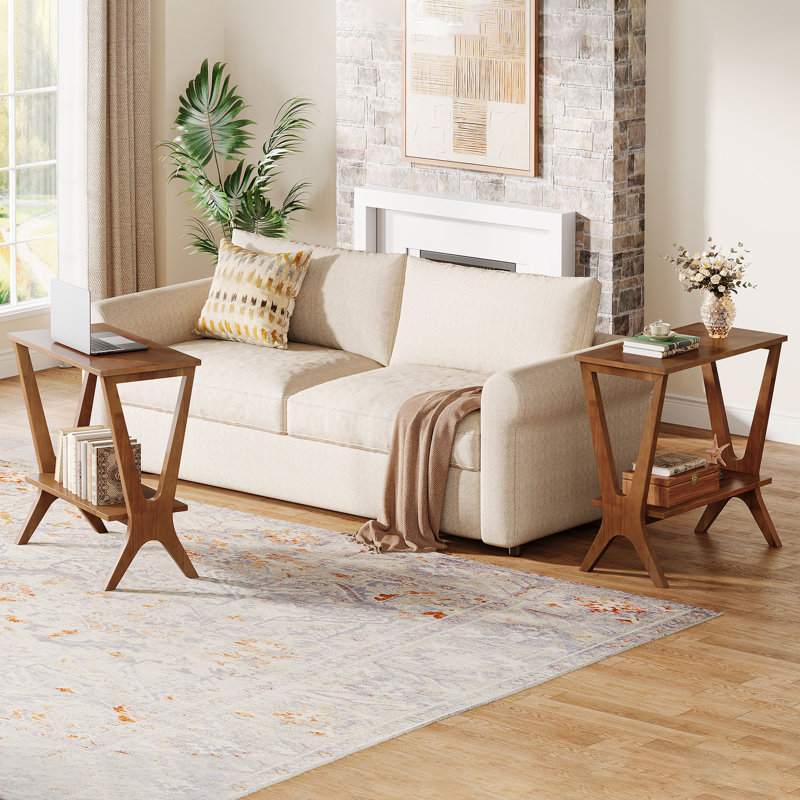 23.6"W End Table With 2-tier Storage Shelves,Solid Wood Side Table For Living Room