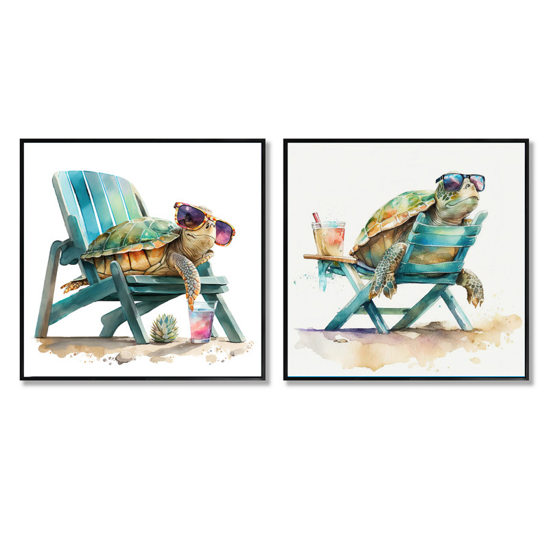 Tortue allongée sur une chaise de plage avec lunettes de soleil - Ensemble de 2 animaux carrés, Cadre flottant noir
