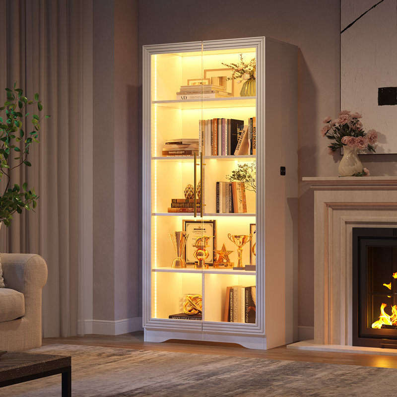 65" 5-tier Office Storage Cabinet, Glass Display Cabinet With Three-color Led Strip And Sensor, White