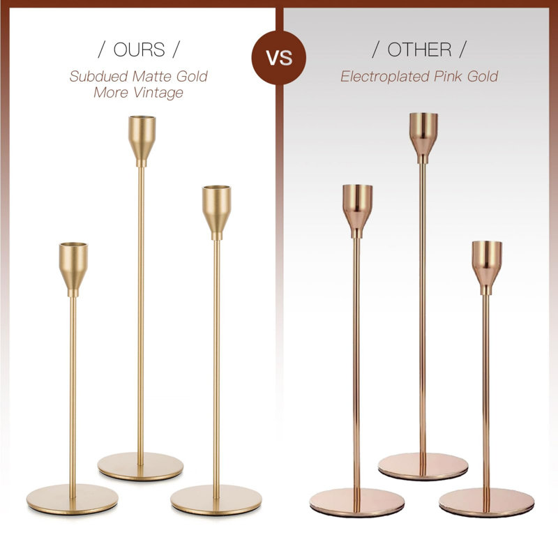 Gold Taper Candle Holders, Set Of 3 Tall Metal Candlesticks For Wedding Table Centerpiece, 3
