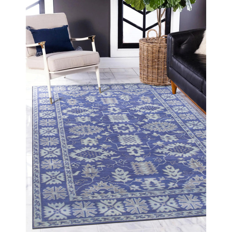Céline Rustic Oriental Blue Hand Tufted Wool Traditional Area Rug, Rectangle 5' x 8'