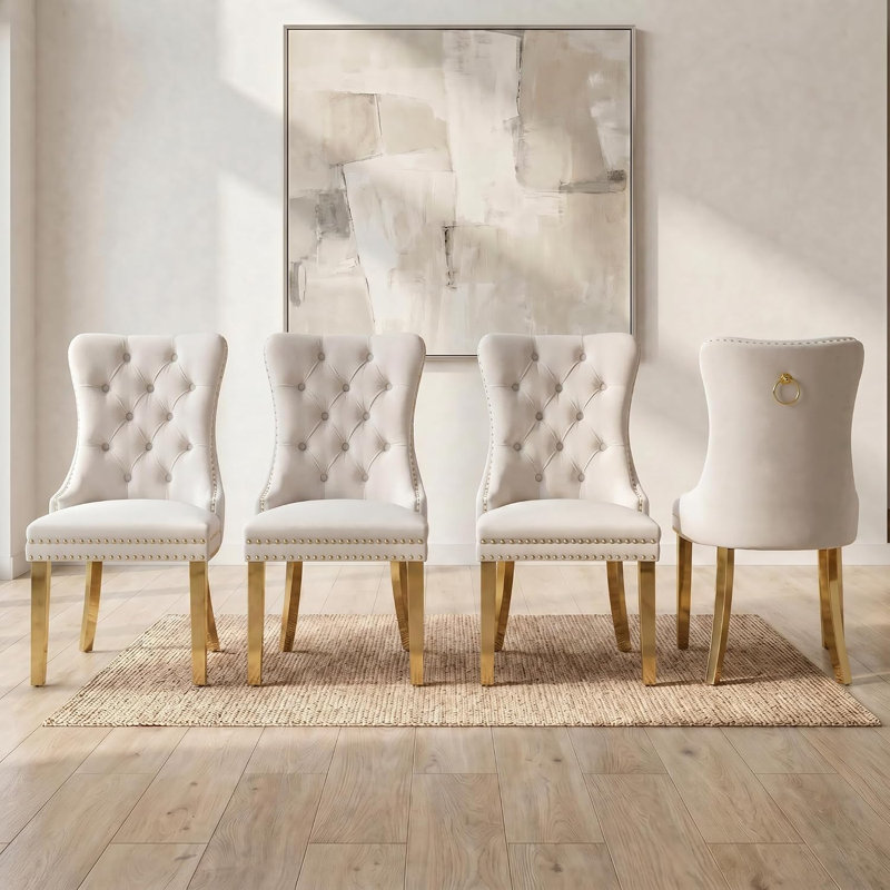 Set of 4 Velvet Upholstered Dining Chairs with Golden Steel Legs, Beige
