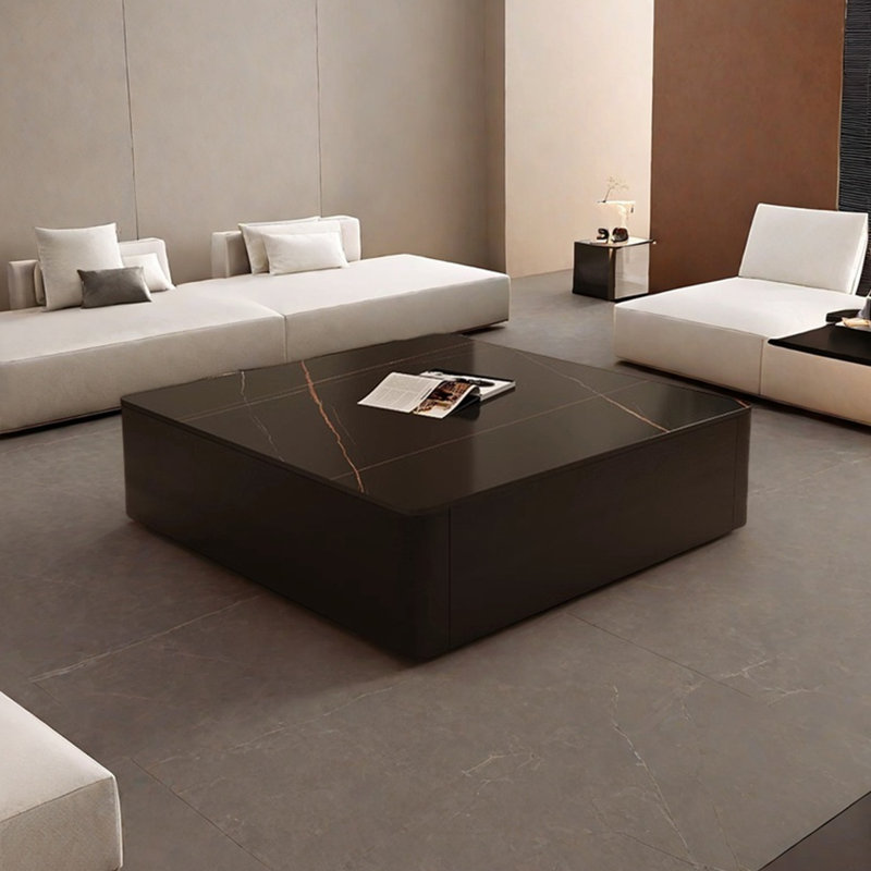 Simple square rock plate coffee table, 13.8" H x 39.4" L x 39.4" W, Noir, noir, noir, noir