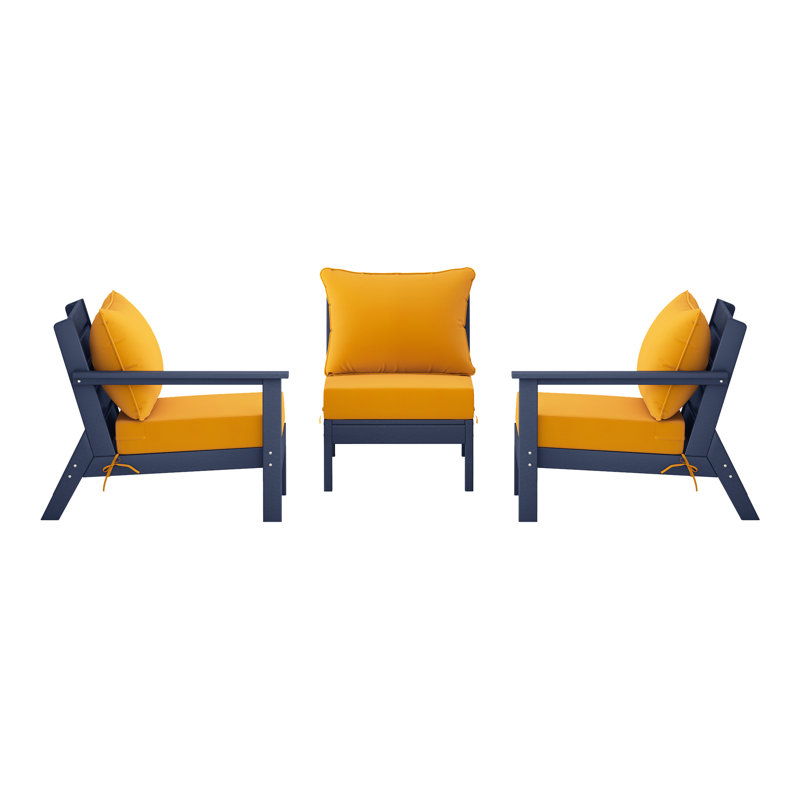 3-Piece Deep Seating Set With Cushions, Yellow, Navy Blue