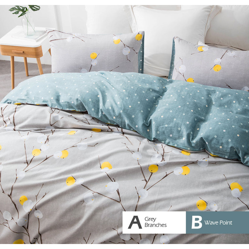 SLEEPBELLA Duvet Cover King, 600 Thread Count Cotton Grey Branch With Yellow Turquoise Polka Dot Pattern Green Reversible Comforter Cover