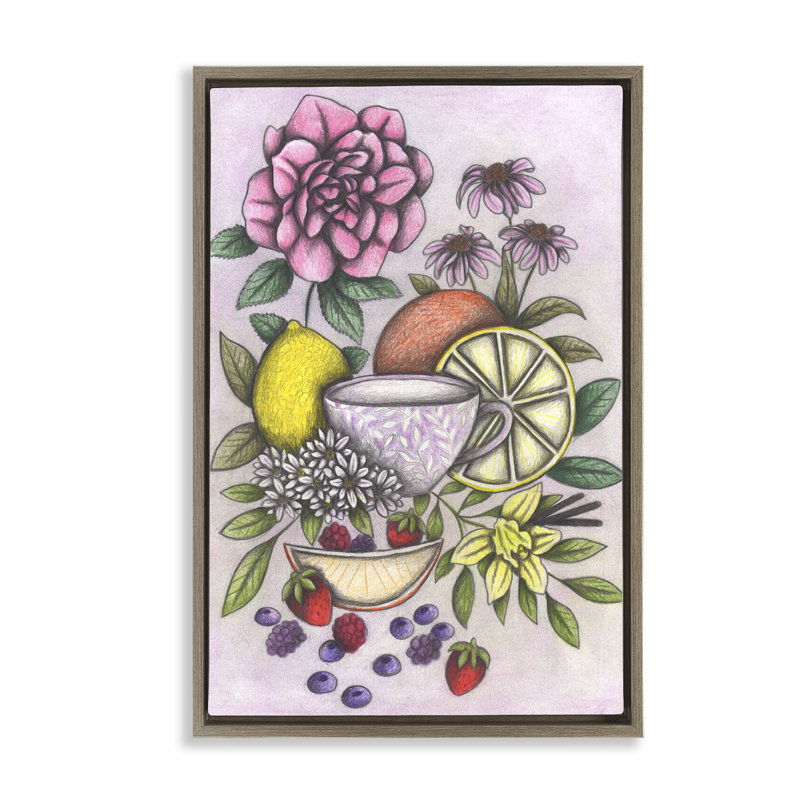 Cadre rococo thé avec fruits flottants, design par Cecilia Battaini, H 25 po x l 17 po, Cadre flottant orme Montalcino